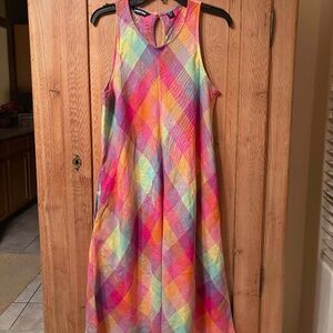 LANDS END multicolor plaid linen sundress, Size Medium Tall -- POCKETS!